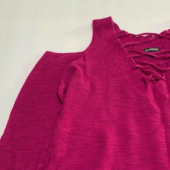 Express Sweater Top Medium Womens Pink Cold Shoulder Long Sleeve V Neck Knit - Picture 3 of 11